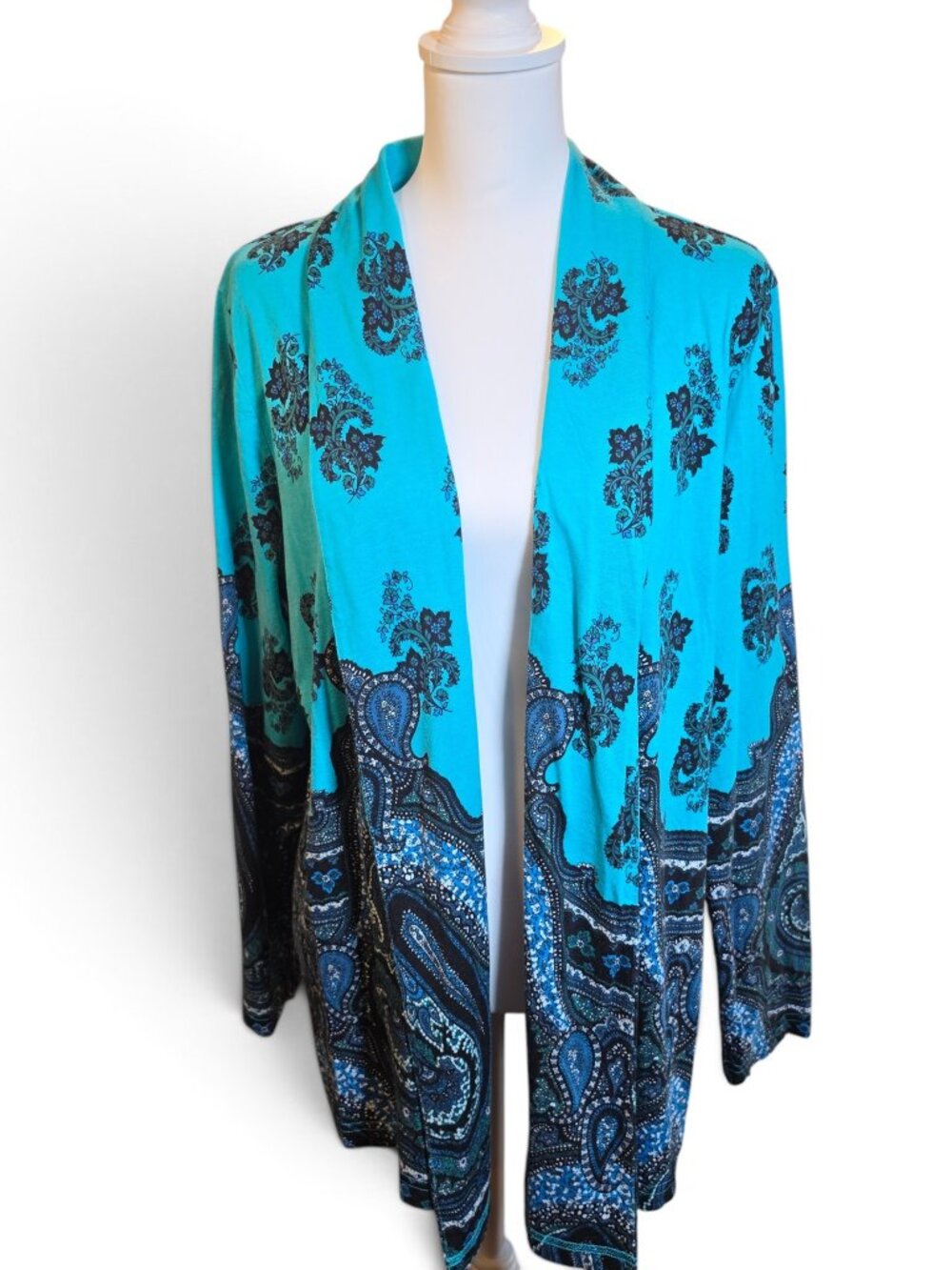 Isaac Mizrahi Live Open Front Cardigan 1X Blue Paisley Modal Blend